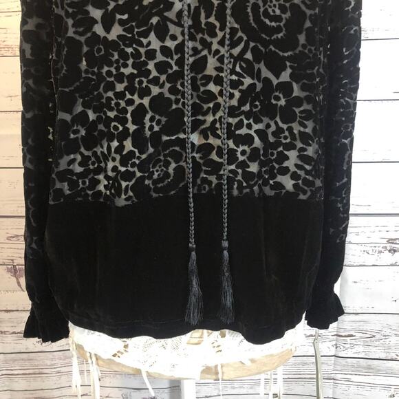 NWT Go Silk velvet floral sheer tasseled top, smocked, ruffled collar size small - Picture 7 of 12